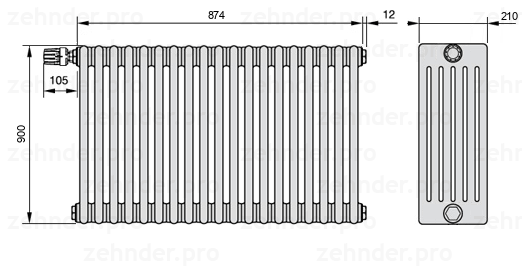 Схема (чертеж) Радиатор Zehnder Charleston 6090/19 №V011 Белый глянцевый RAL 9016